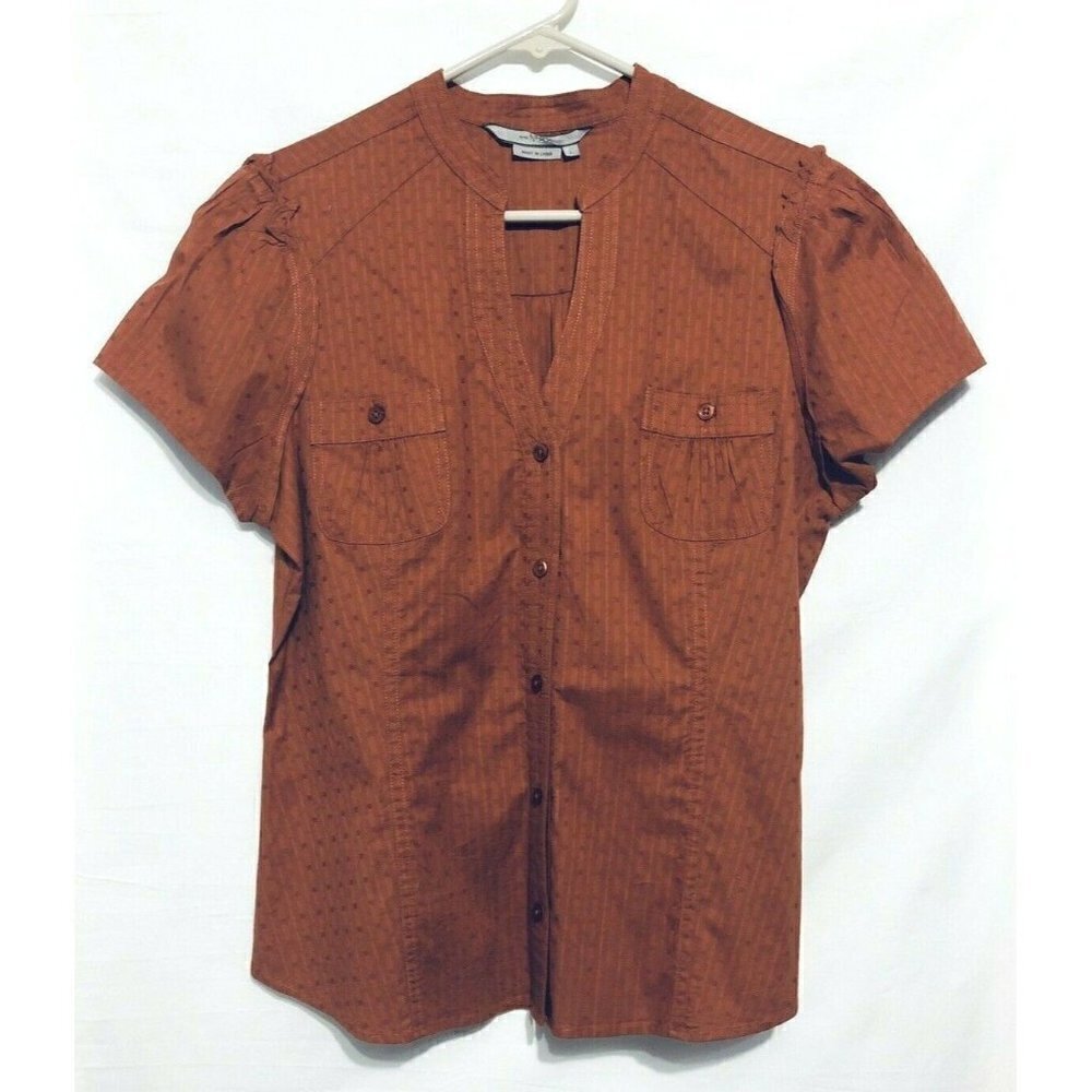 To The Max Blouse Womens Large Tapered Ruffle Shoulder Button V Neck Stretch